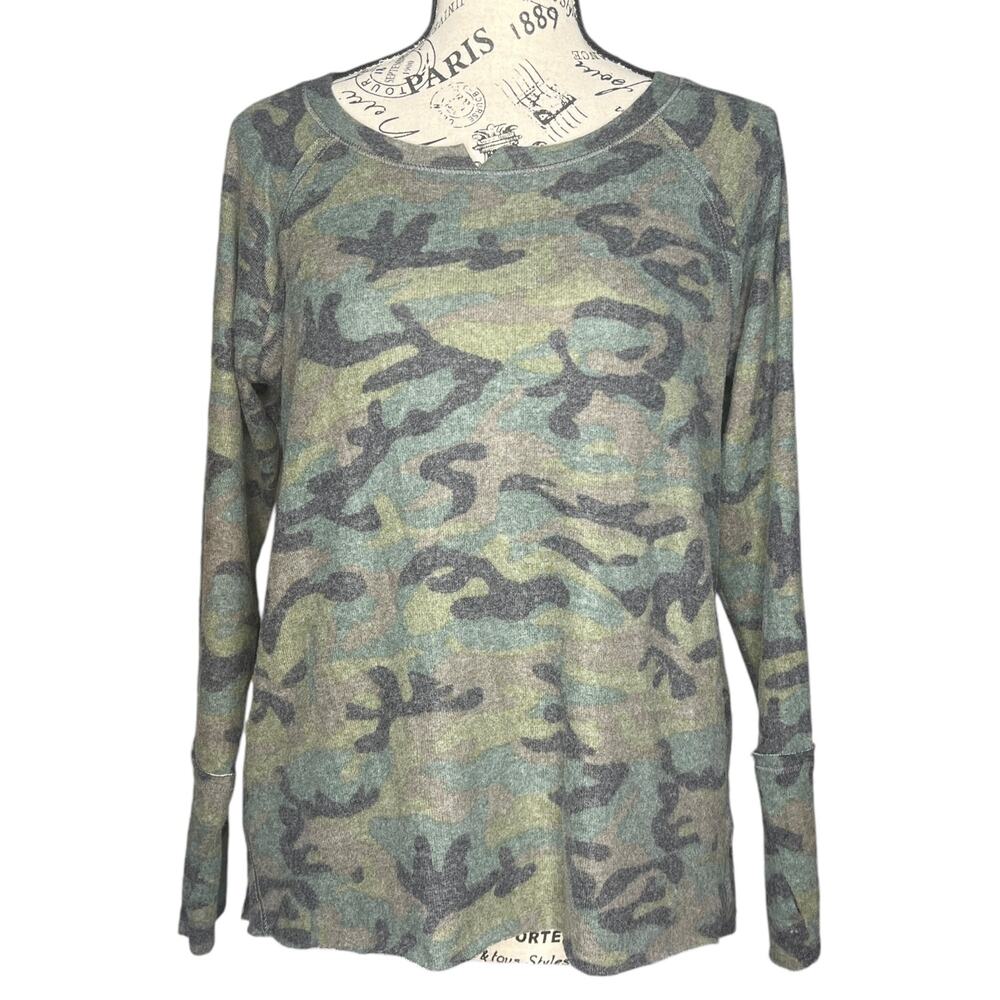 Michael Stars (SP) Madison Brushed Notch-Neck Long Sleeve Camouflage Top
